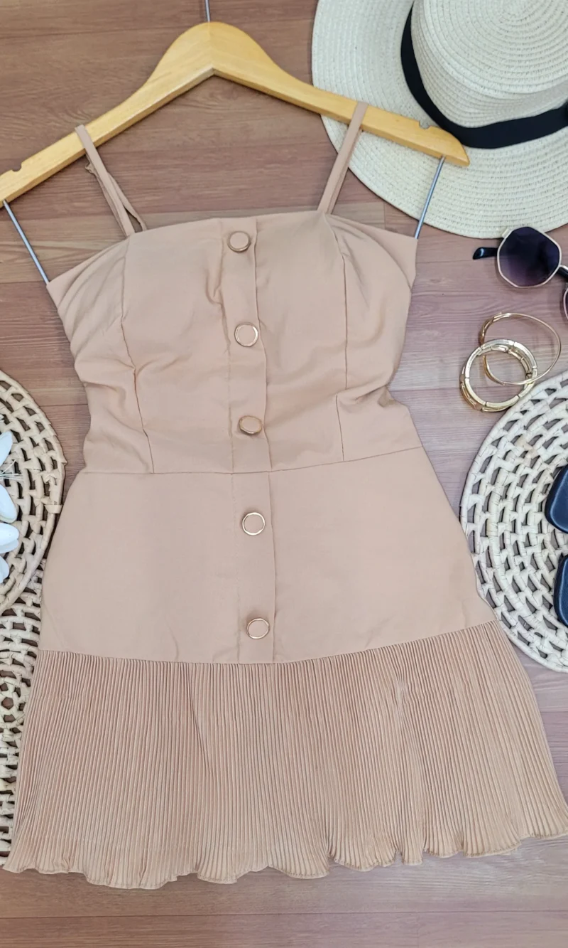 vestido curto detalhe botões barra plissada ref: 074