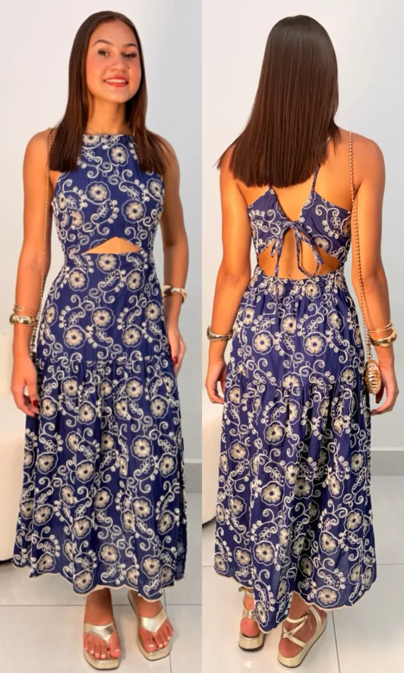 Vestido Longo Bordado Detalhe Assimétrico com Fenda Ref: 068