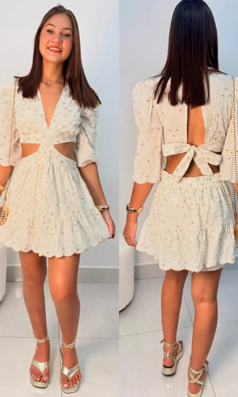 vestido curto linho bordado manga princesa ref: 069