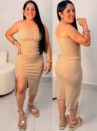 vestido midi canelado com abertura lateral ref: 048