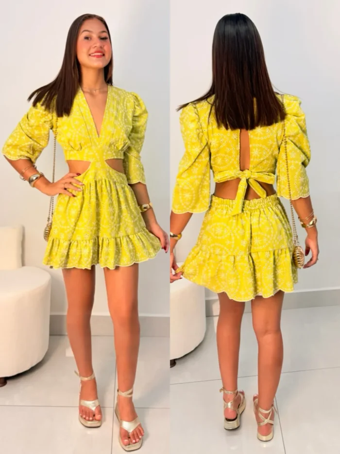 vestido curto linho bordado manga princesa ref: 069 vestido curto linho bordado manga princesa ref: 069