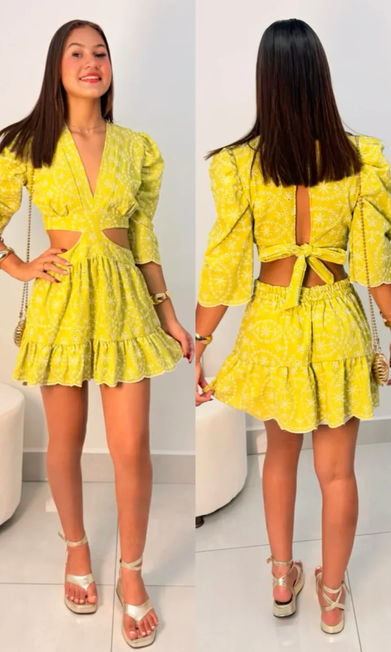 vestido curto linho bordado manga princesa ref: 069