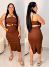 vestido midi canelado com abertura lateral ref: 048