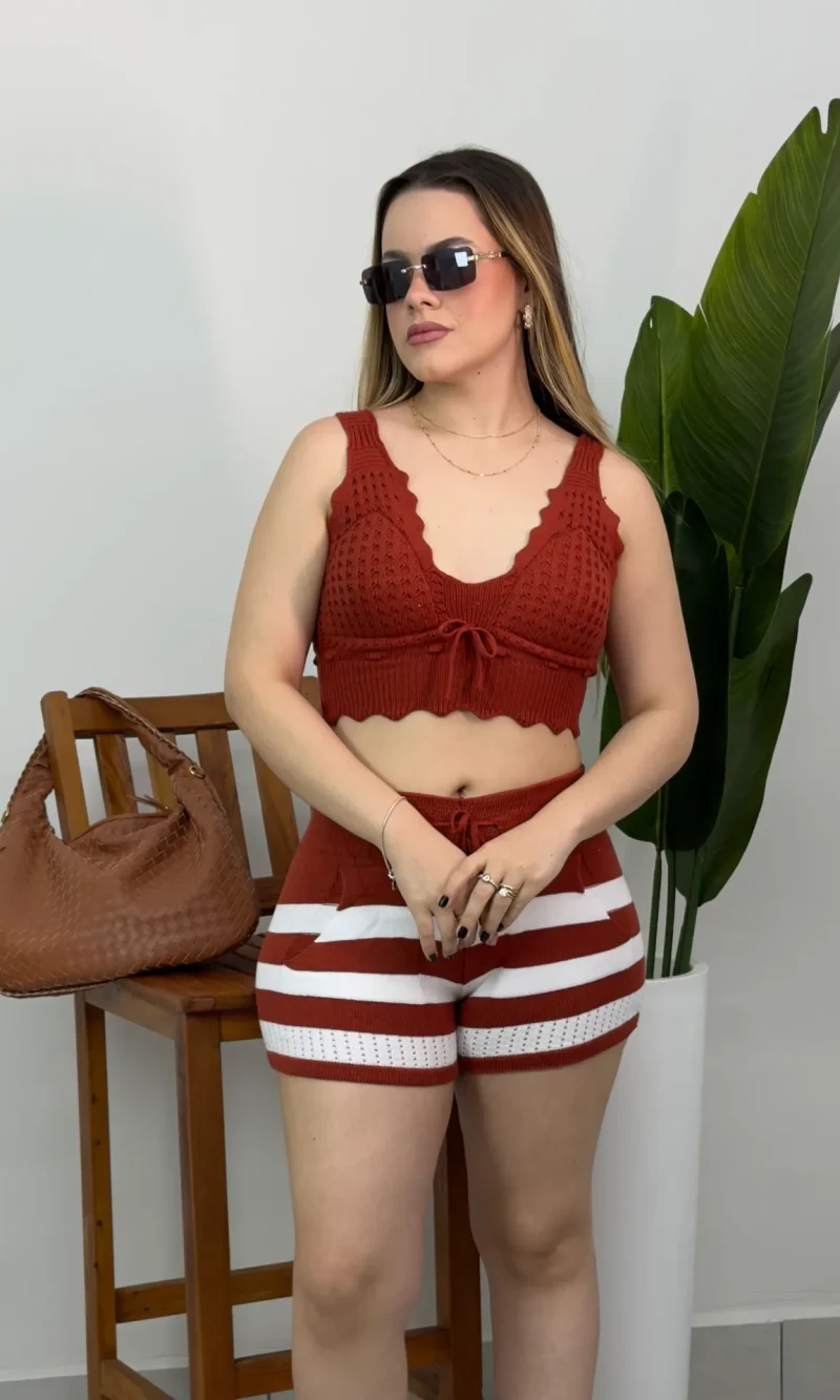 conjunto feminino tricô modal listrado short e cropped premium estilosa bicolor ref: 230