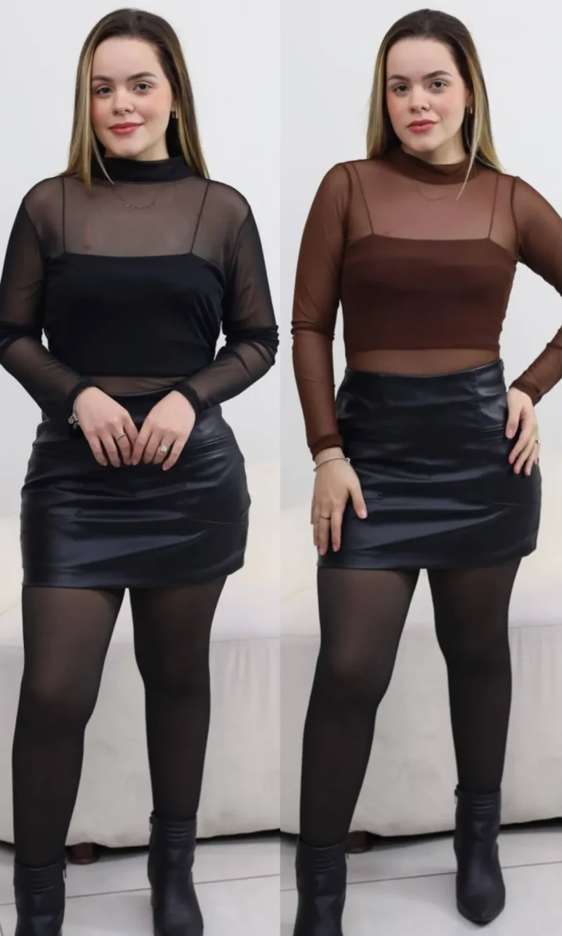 kit com 3 body tule transparente feminino manga longa gola alta ref: 158