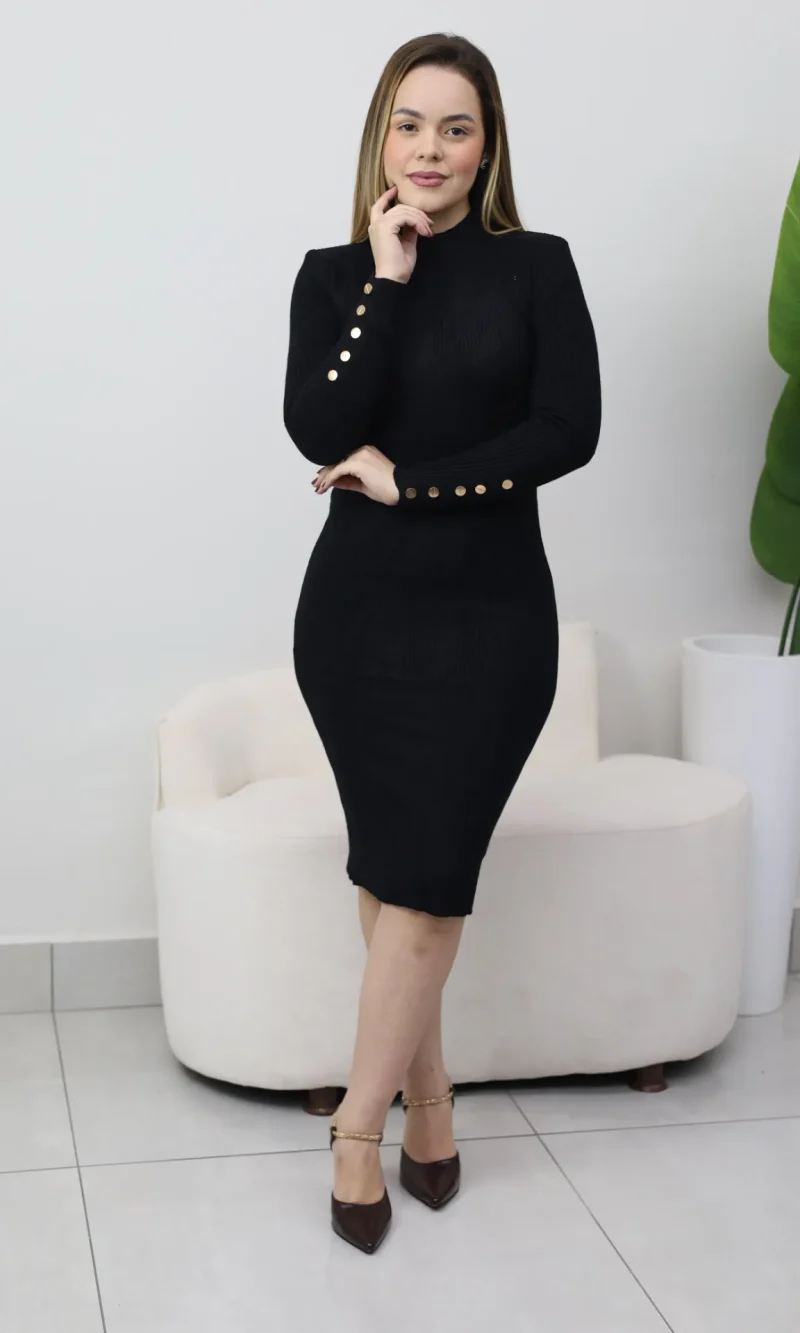 vestido midi feminino de tricô modal canelado em elegante manga longa com botões