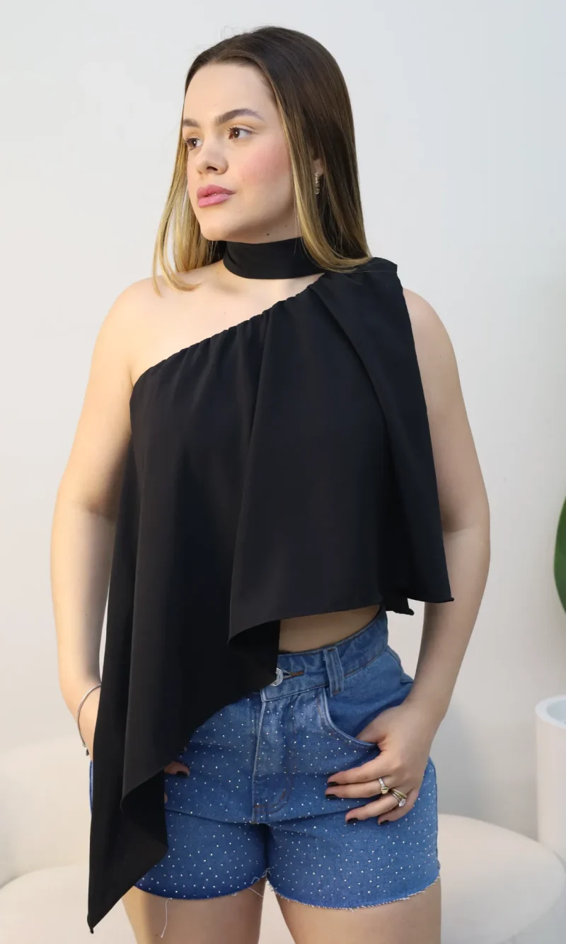 blusa feminina assimétrica bata multiformes elegante gola alta com amarração no pescoço ref: 231