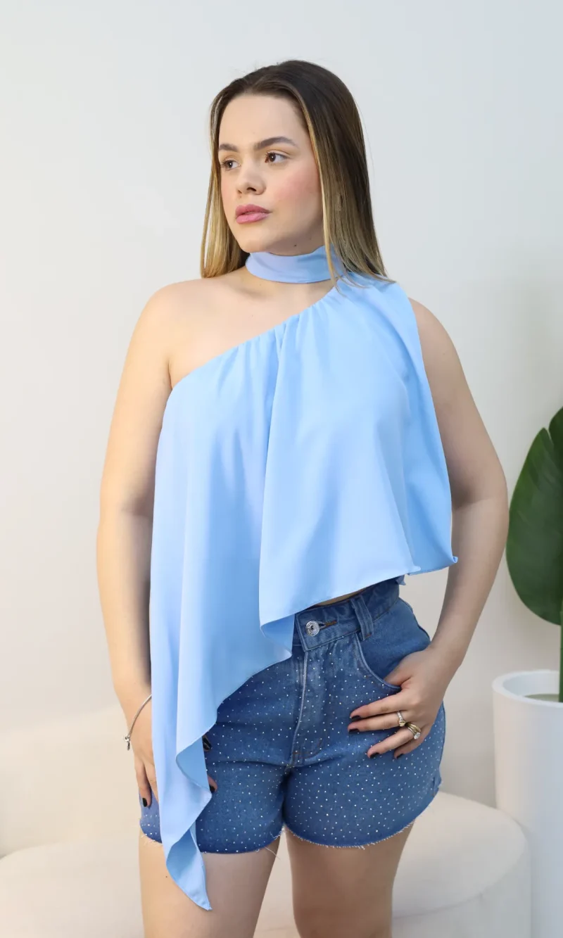blusa feminina assimétrica bata multiformes elegante gola alta com amarração no pescoço ref: 231
