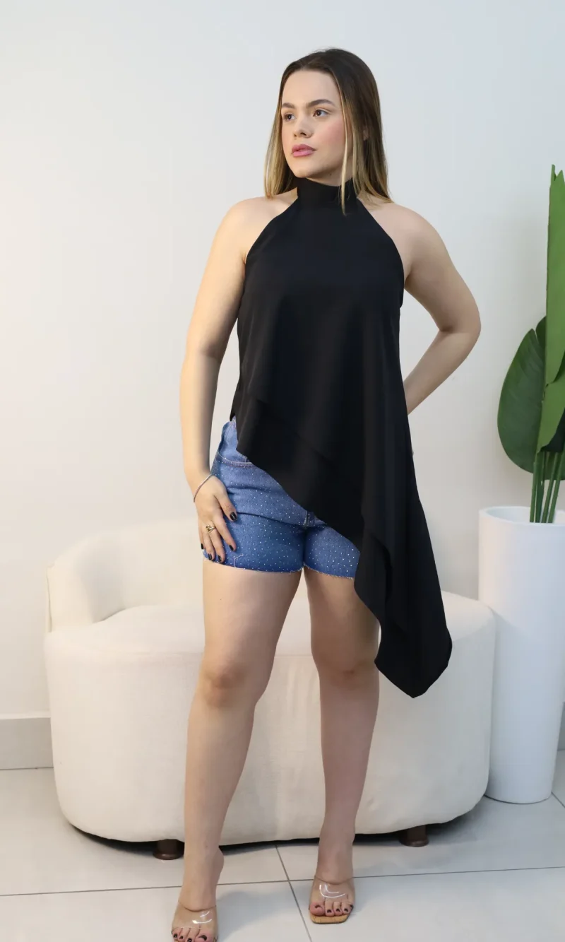 blusa feminina assimétrica bata elegante gola alta com babado ref: 232