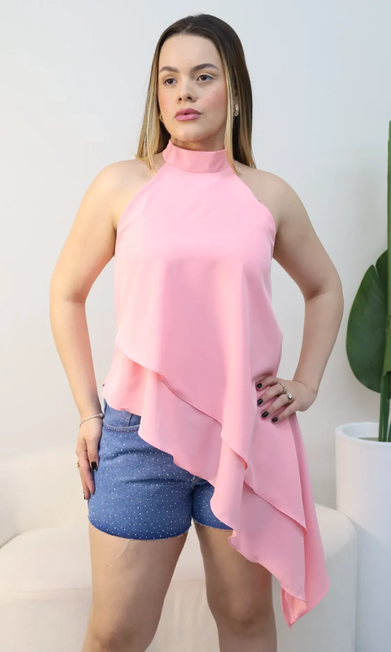 blusa feminina assimétrica bata elegante gola alta com babado ref: 232