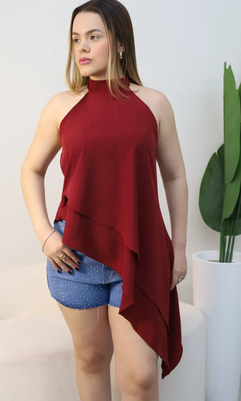 blusa feminina assimétrica bata elegante gola alta com babado ref: 232